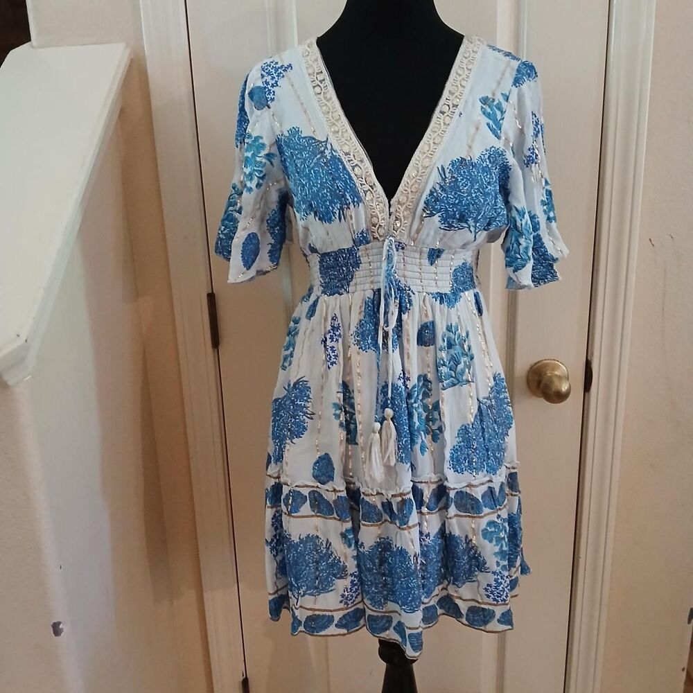 Tapaii Boho Blue White Gold Floral Smocked V-neck Mini Dress Tassels Sequins S/M